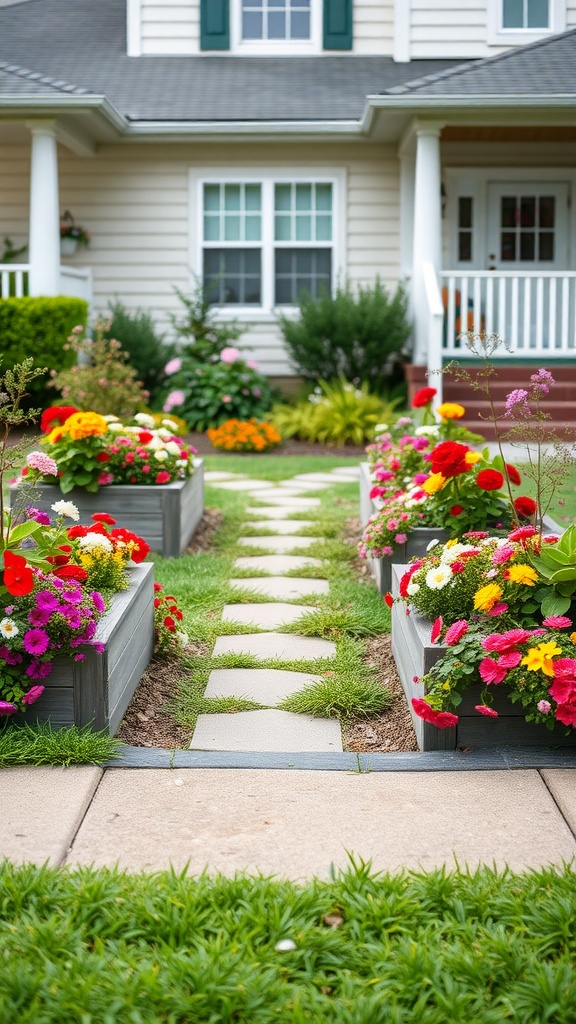 Colorful raised flower beds in front of a house with a pathway leading to the entrance.