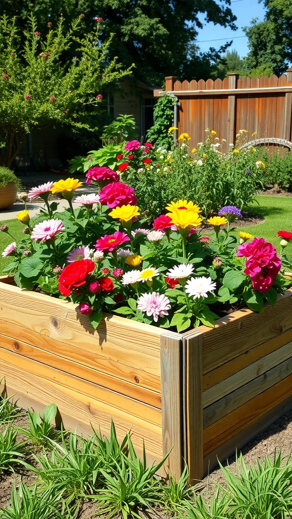 Colorful flowers in a reclaimed wood planter box in a sunny backyard