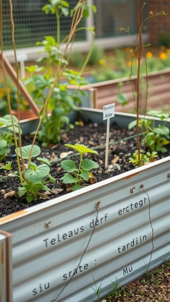 Recycled metal sheet garden bed with plants growing inside