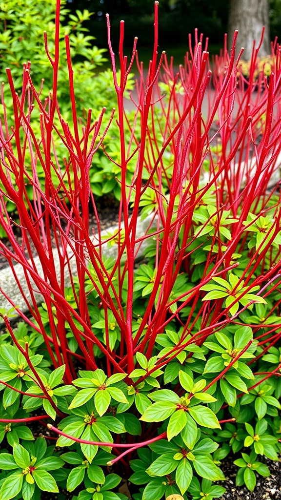 Red-Twig Dogwood with bright red stems and lush green leaves