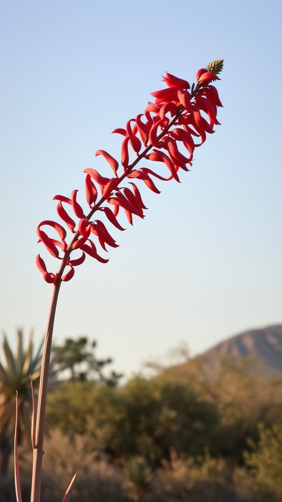 A tall Red Yucca plant with graceful red flower stalks against a clear blue sky.