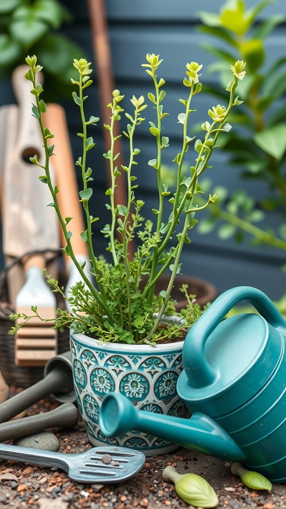 A leggy jade plant in a decorative pot surrounded by gardening tools, showing the effects of overwatering.