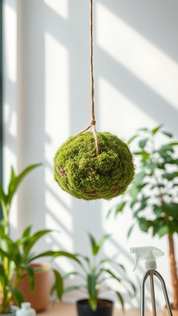 A vibrant green kokedama hanging in a bright room, surrounded by various houseplants.