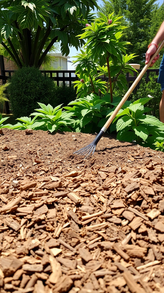 Person raking mulch in a vibrant garden