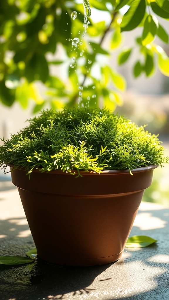 A pot of green moss being misted with water under sunlight.