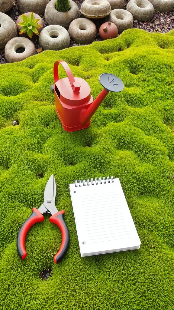 Image of a red watering can, pruning shears, and a notepad on lush green moss