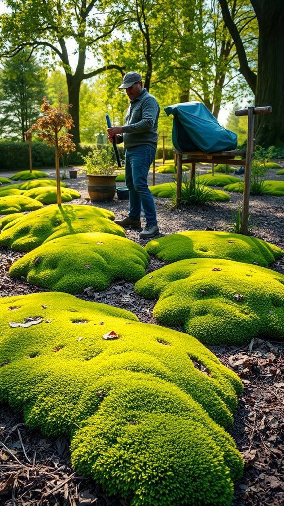 A person tending to a vibrant moss garden, surrounded by greenery and using a tool.