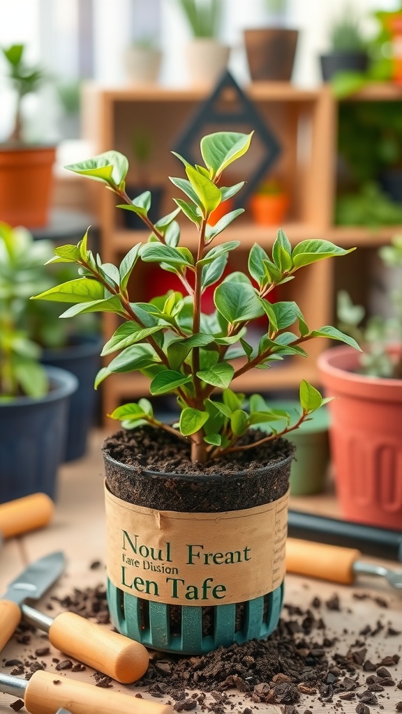 A jade plant in a pot with gardening tools around it, illustrating the importance of repotting for plant care.