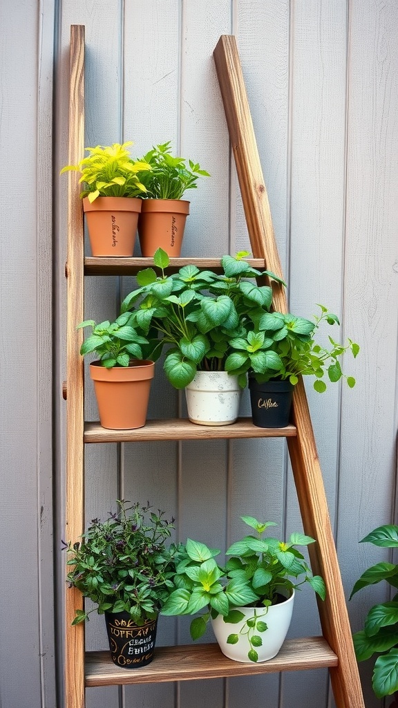 A wooden ladder repurposed as a planter, showcasing various herbs in pots.