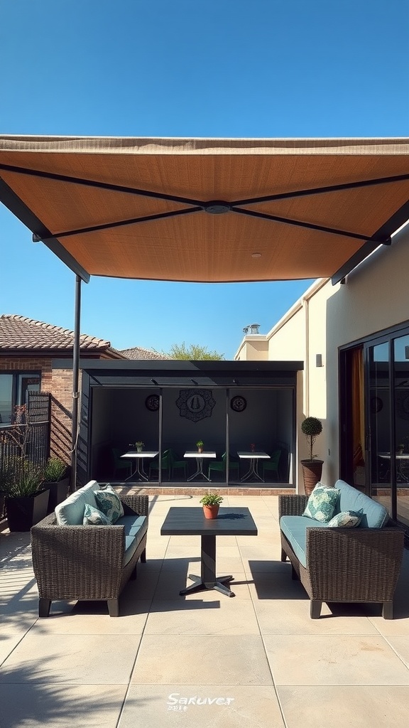 A stylish patio featuring a retractable canopy providing shade over modern outdoor furniture.