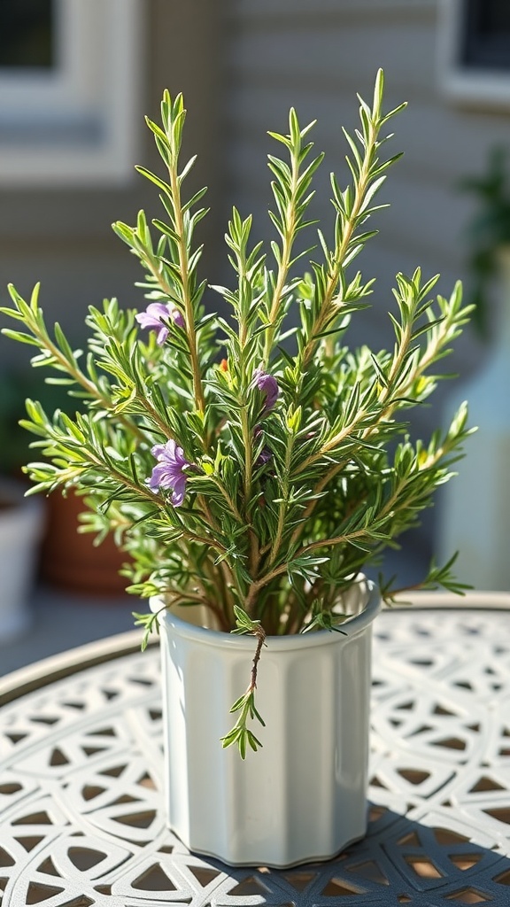 A healthy rosemary plant with purple flowers in a white pot on a table.