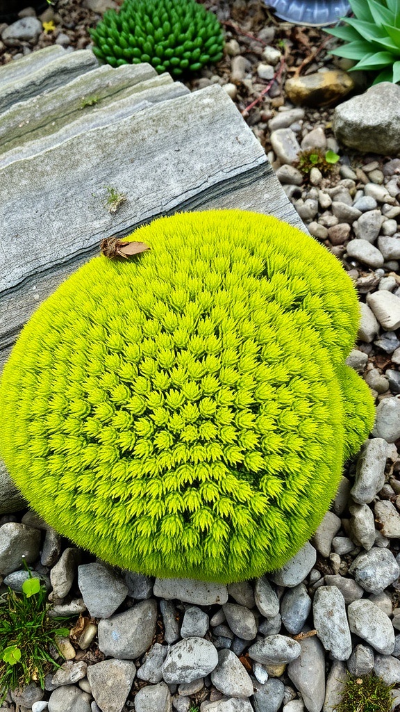 Vibrant green Rock Cap Moss on a stone surface, surrounded by small pebbles and other plants