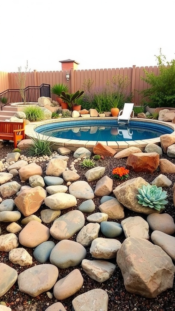 Rock garden surrounding an above ground pool with plants and flowers