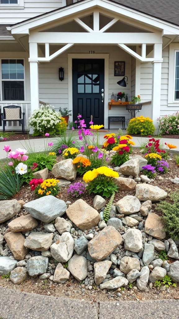 A vibrant rock garden flower bed with various colorful flowers surrounding stones in front of a house.