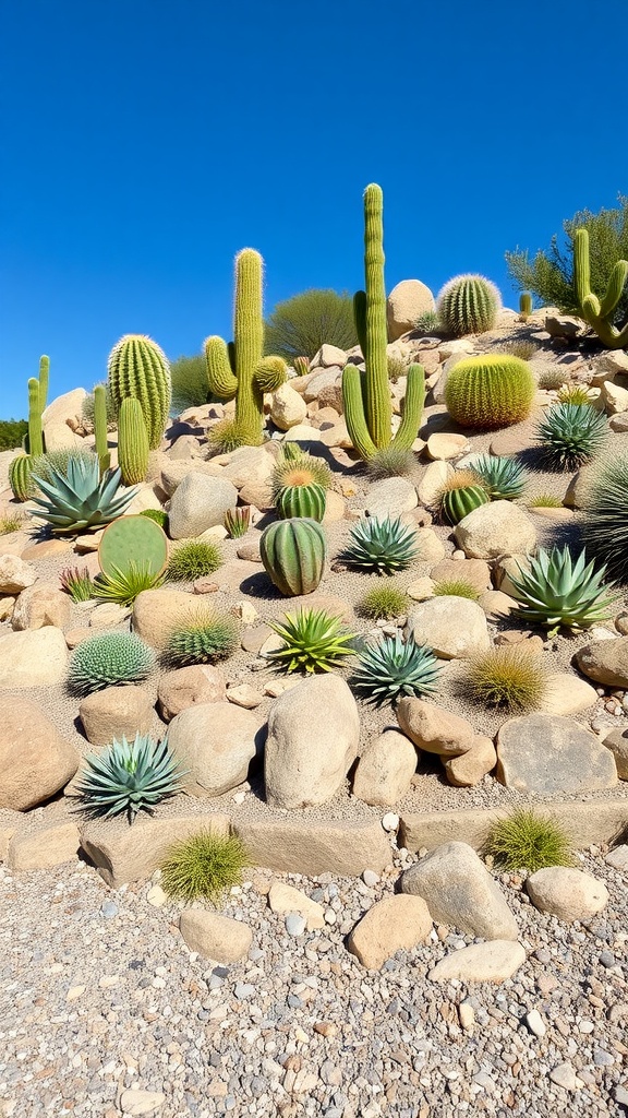 Rock garden featuring various cacti and succulents arranged among stones and gravel