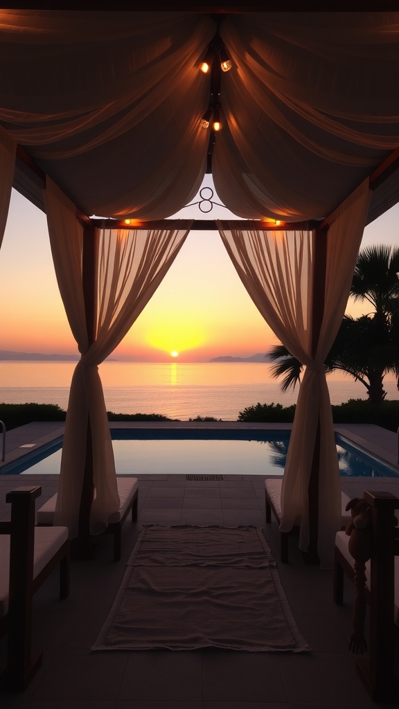 A romantic cabana with sheer drapes overlooking a pool at sunset.