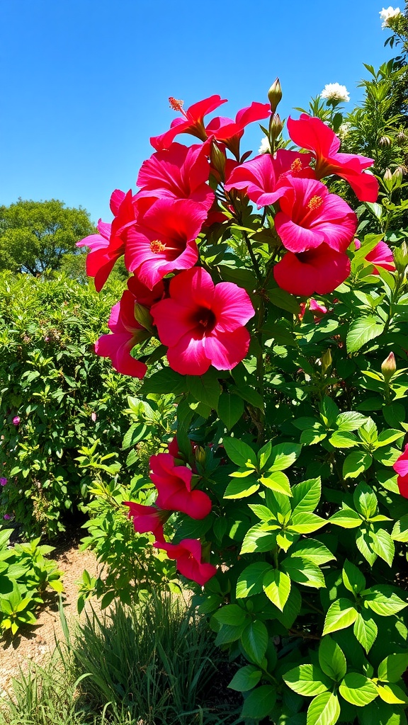 A vibrant Rose of Sharon shrub with large pink flowers against a clear blue sky.