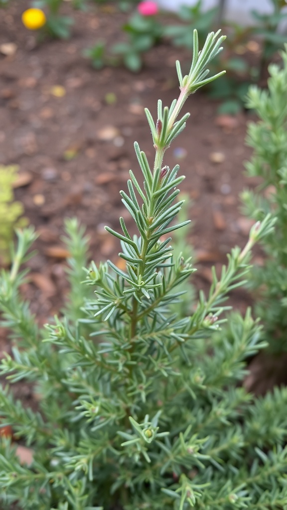 Close-up of a rosemary plant with green, needle-like leaves in a garden setting.