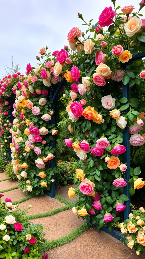 A vibrant display of climbing and shrub roses on an archway in a garden.