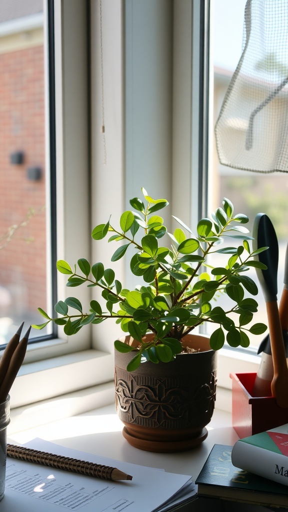 A healthy jade plant sitting by a window, illustrating the importance of light exposure.