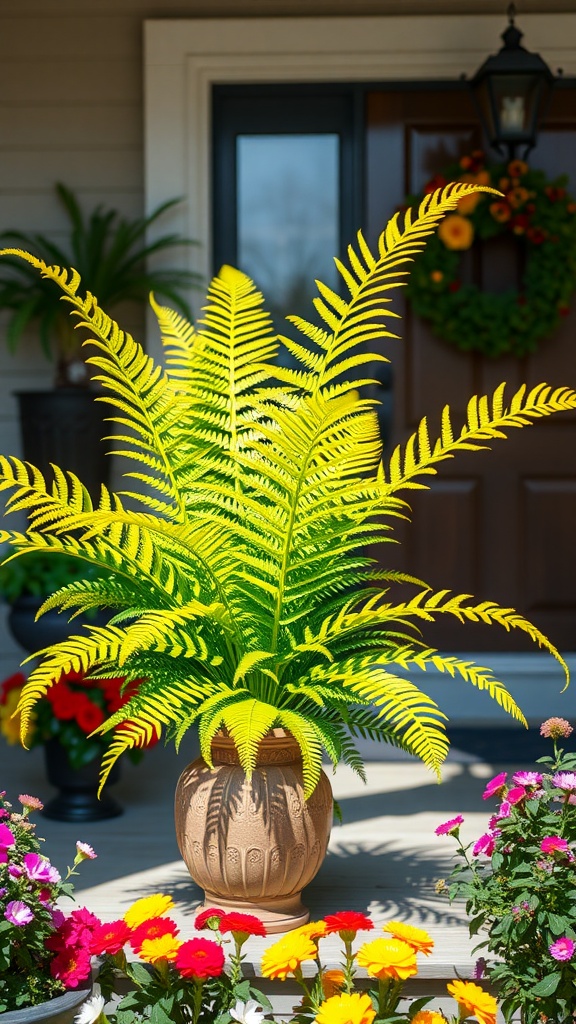 Vibrant Royal Fern in a decorative pot on a front porch surrounded by colorful flowers.