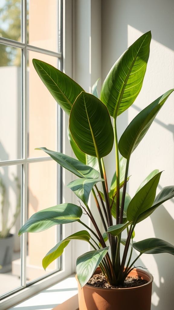 A rubber plant with large green leaves sitting in a pot by a window, receiving sunlight.