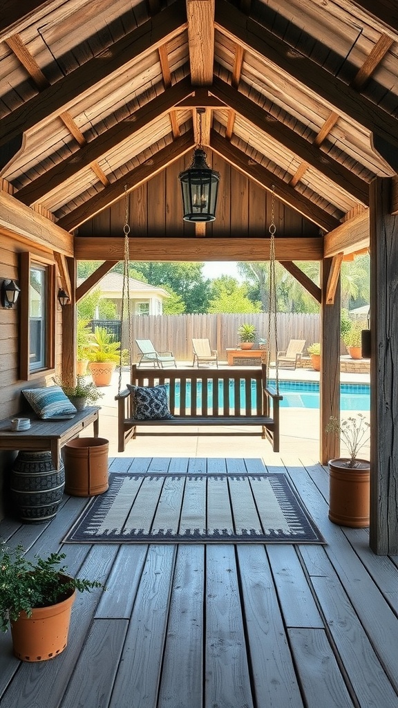 A rustic farmhouse cabana with wooden beams, a swing, and views of a pool.