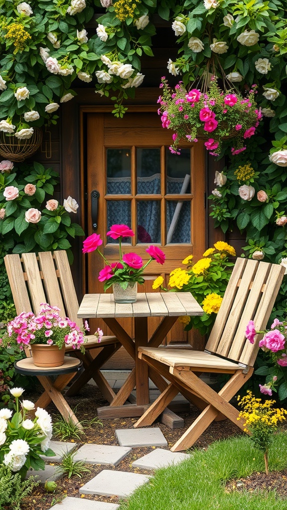 A cozy outdoor seating area with rustic wooden furniture surrounded by colorful flowers