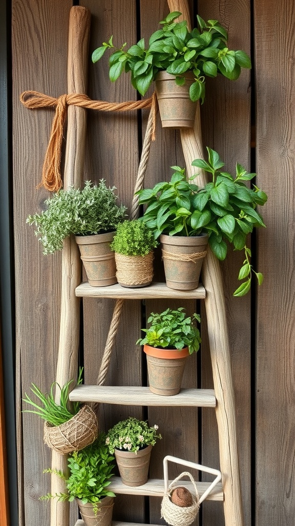 A rustic wooden ladder with pots of herbs tied with twine, creating a vertical herb garden display.