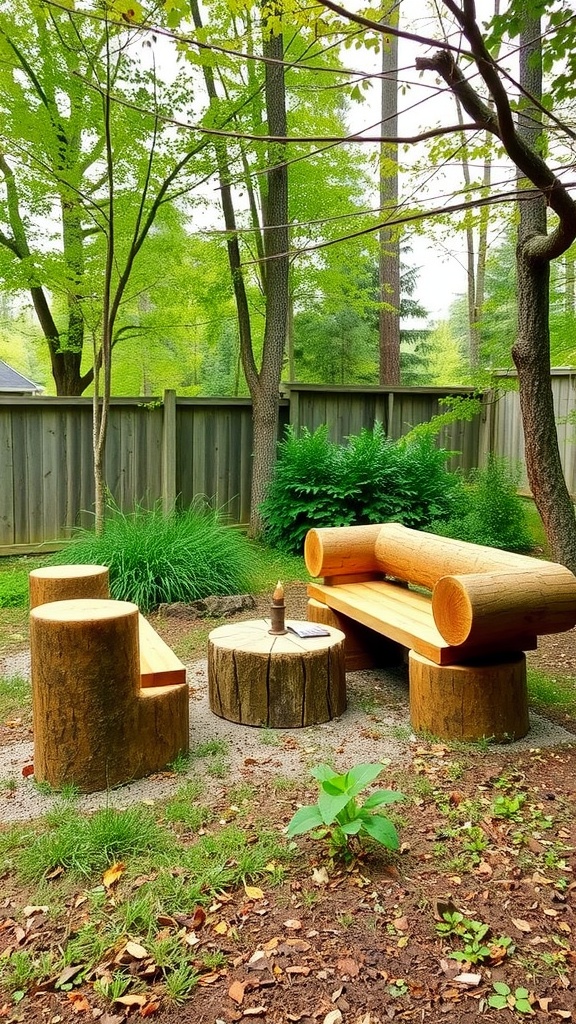 Rustic log seating setup in a green backyard