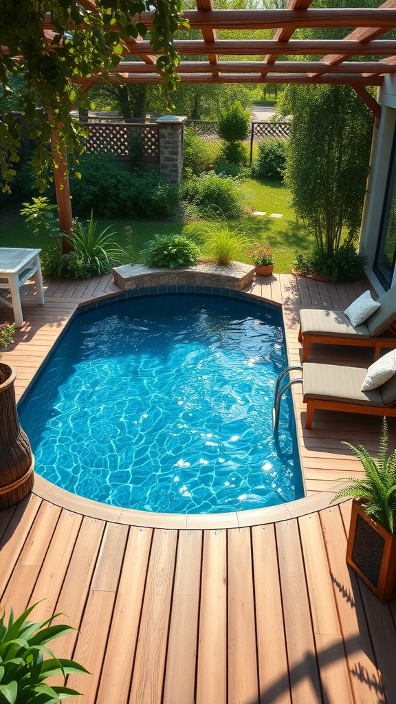 A rustic wood deck surrounds a pool with lush greenery in the background, creating a cozy outdoor space.