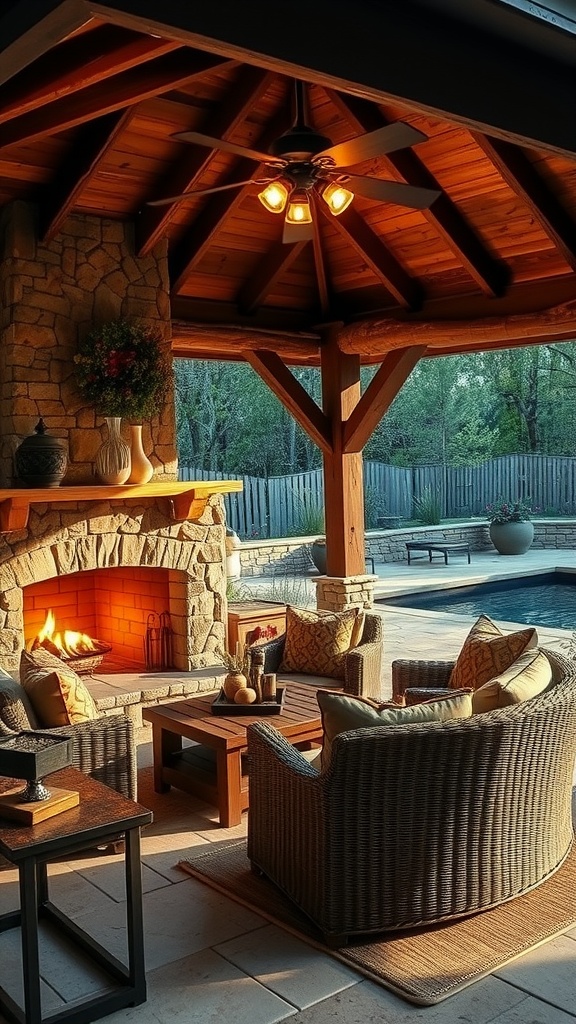 A rustic wooden cabana by a pool featuring comfortable seating and a stone fireplace.