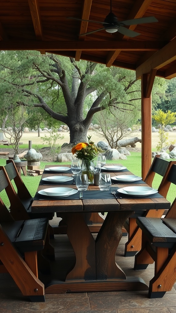 A rustic wooden dining table set in a shaded outdoor area under a wooden pergola, surrounded by greenery.