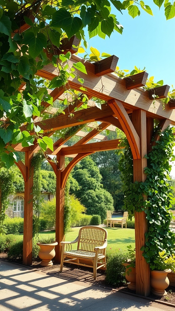 Rustic wooden pergola surrounded by climbing vines, with a comfortable chair and green garden in the background.