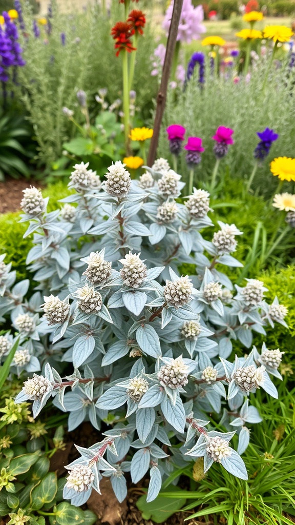 A sage plant with silvery-green leaves and small flowers, surrounded by colorful blooming flowers in a garden.