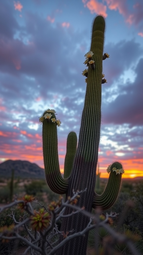 A Saguaro cactus in bloom with white flowers against a colorful sunset sky.