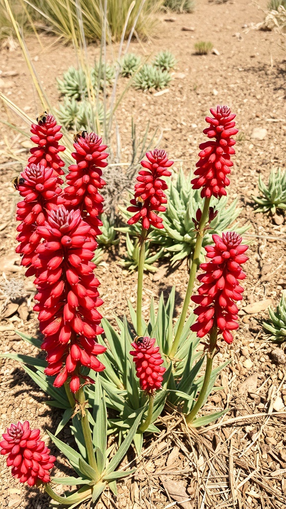 Red flowering Autumn Sage (Salvia greggii) plants in a dry garden setting.