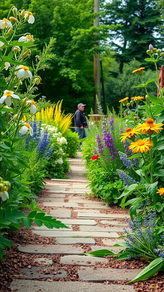 A beautiful stone pathway surrounded by colorful flowers and greenery, creating a peaceful garden atmosphere.