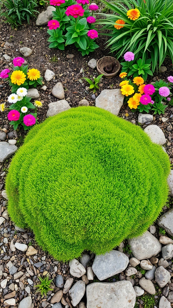 Lush green Scotch Moss surrounded by colorful flowers and stones in a garden