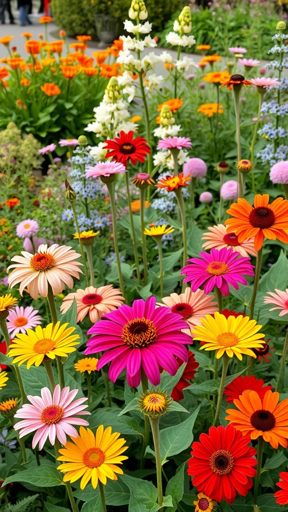 A colorful display of various blooming flowers in a garden.