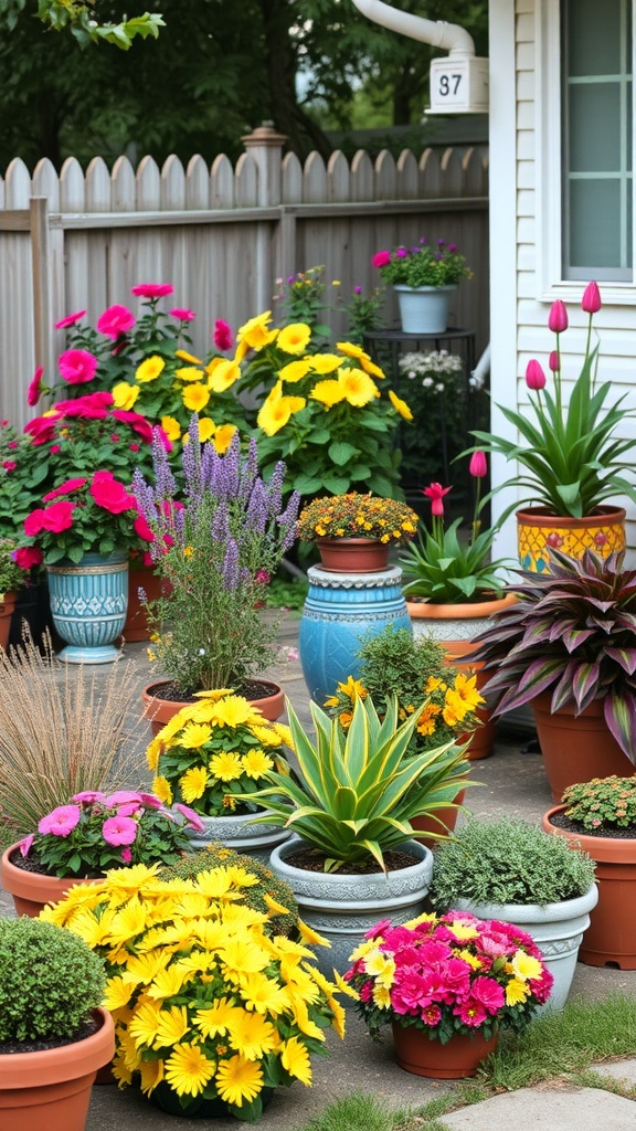 A vibrant display of colorful flowers in various pots arranged in a backyard setting.