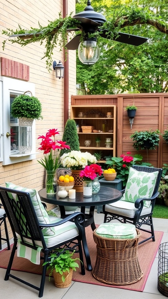 Cozy outdoor patio decorated for autumn with pumpkins, flowers, and comfortable seating