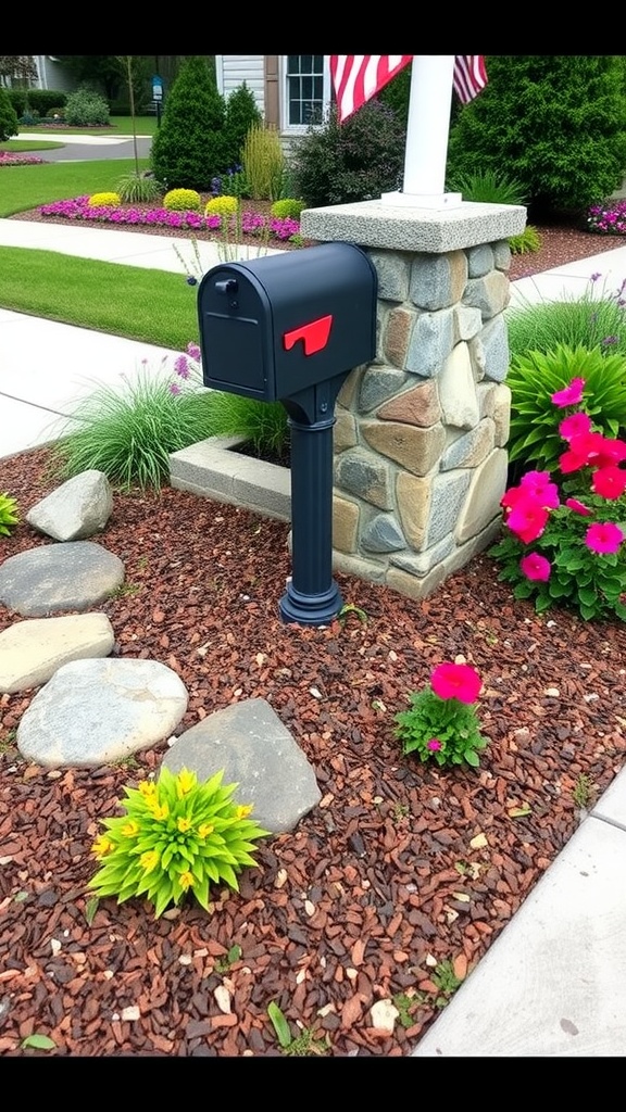 A decorated mailbox surrounded by pumpkins and autumn leaves, with snow and lights adding charm.