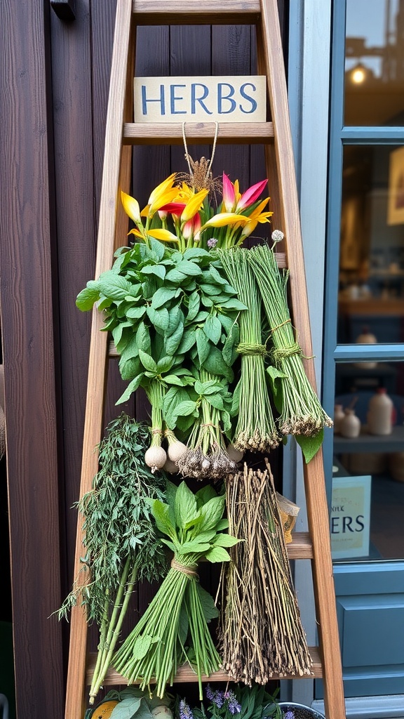 Ladder display with fresh herbs and tomatoes hanging