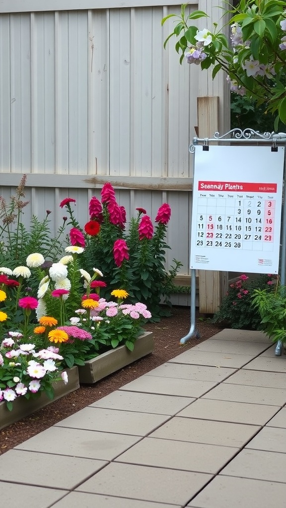 Colorful flower beds along a fence with a planting calendar