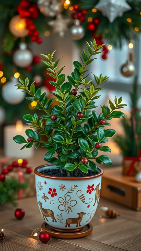 A jade plant in a festive pot decorated with reindeer and snowflakes, surrounded by holiday decorations.