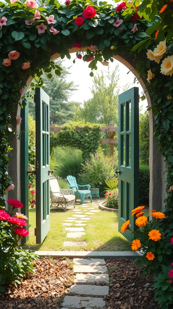 A beautiful garden entrance with green doors and vibrant flowers.