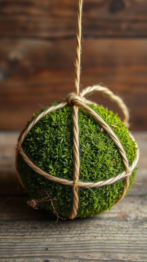 A moss ball secured with twine, ready to hang