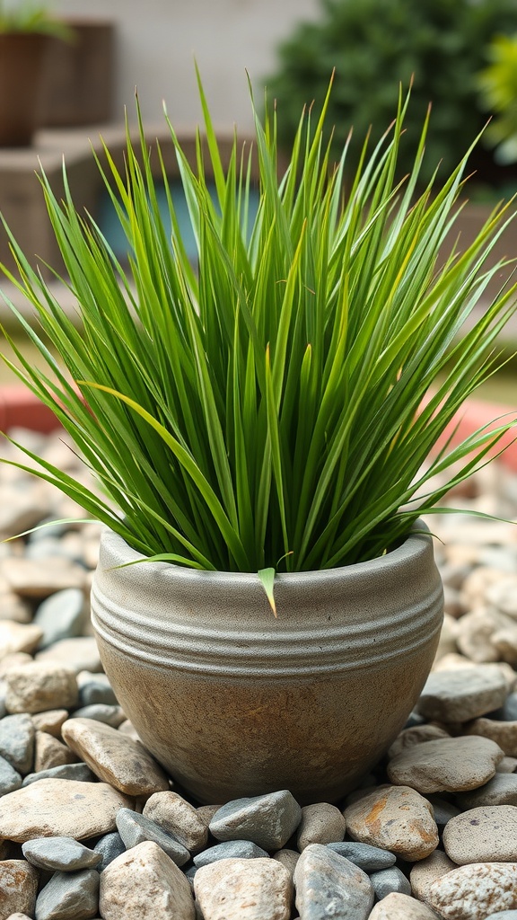 A pot of sedge with long green leaves, surrounded by smooth pebbles.