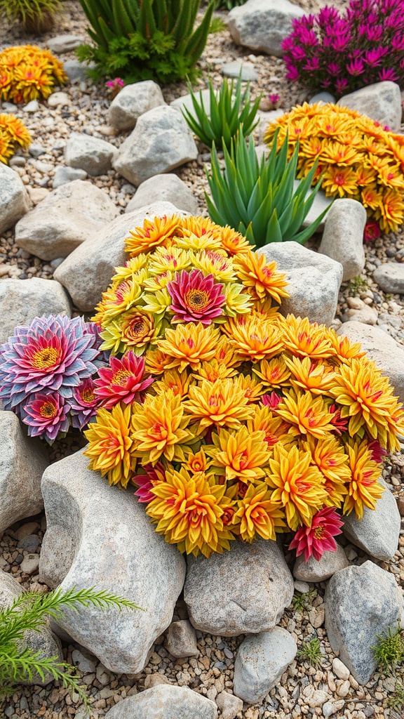 Colorful clusters of Sedum stonecrop plants among rocks in a garden setting